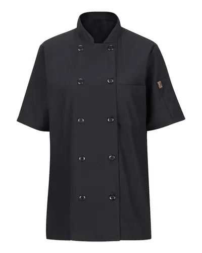 Chef Designs 045X Women's Mimix™ Short Sleeve Chef Coat with OilBlok in Black — blank jacket, front view