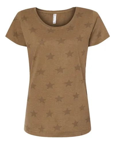 Code Five 3629 Women's Star Print Scoop Neck Tee in Coyote Brown Star — blank t-shirt, front view
