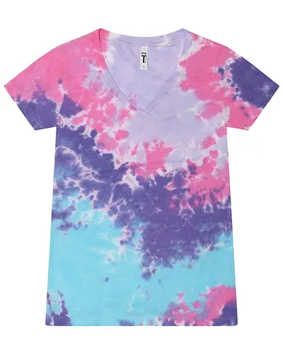 Colortone 1075 Women's Tie-Dyed V-Neck T-Shirt in Cotton Candy — blank t-shirt, front view