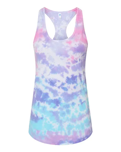 Colortone 3400 Women's Tie-Dyed Racerback Tank Top in Cotton Candy — blank tank top, front view