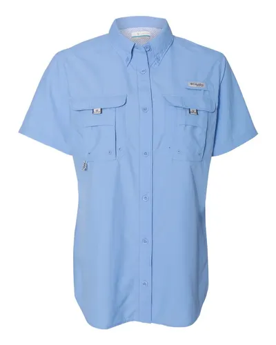 Columbia 139655 Women's PFG Bahama™ Short Sleeve Shirt in White Cap Blue — blank garment, front view
