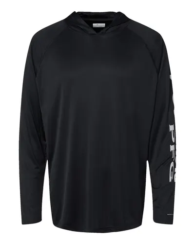 Columbia 212482 Men's PFG Terminal Tackle™ Hooded Long Sleeve T-Shirt in Black/ Cool Grey — blank hooded sweatshirt, front view