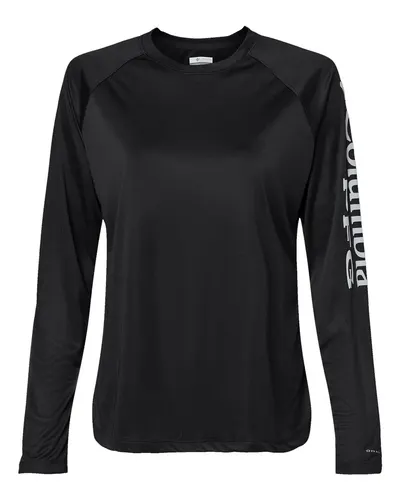 Columbia 212485 Women's PFG Tidal Tee™ II Long Sleeve in Black/ Cirrus Grey — blank long sleeve tee, front view