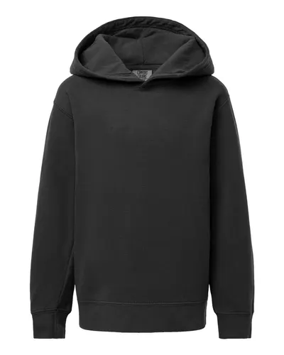 Comfort Colors 1467Y Youth Garment-Dyed Lightweight Hooded Sweatshirt in Black — blank hooded sweatshirt, front view