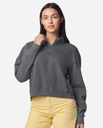 Comfort Colors 1580L Women's Garment-Dyed Mid-Length Quarter-Zip Sweatshirt in Pepper — blank crewneck sweatshirt, front view
