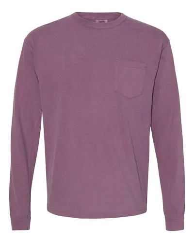 Comfort Colors 4410 Unisex Garment-Dyed Heavyweight Long Sleeve Pocket T-Shirt in Berry — blank long sleeve tee, front view
