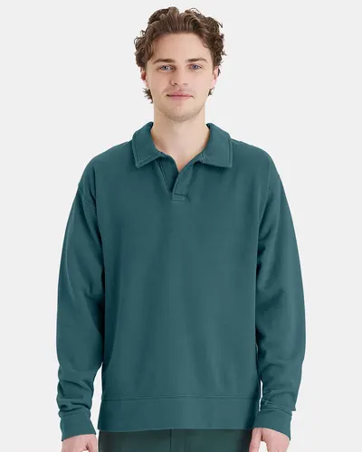 ComfortWash by Hanes GDH490 Unisex Garment-Dyed Polo Collar Sweatshirt in Cactus — blank polo, front view