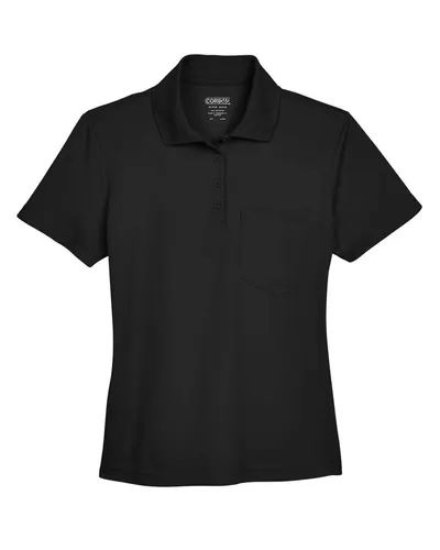 CORE365 78181P Women's Origin Performance Piqué Polo with Pocket in Black — blank polo, front view