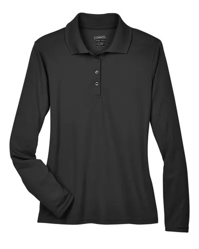 CORE365 78192 Women's Pinnacle Performance Long Sleeve Piqué Polo in Black — blank polo, front view