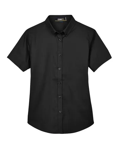 CORE365 78194 Women's Optimum Short Sleeve Twill Shirt in Black — blank woven shirt, front view