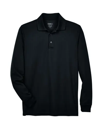 CORE365 88192 Men's Pinnacle Performance Long Sleeve Piqué Polo in Black — blank polo, front view