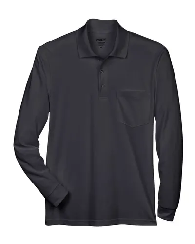 CORE365 88192P Men's Pinnacle Performance Long Sleeve Piqué Polo with Pocket in Black — blank polo, front view