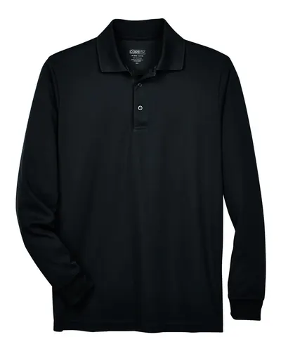 CORE365 88192T Men's Tall Pinnacle Performance Long Sleeve Piqué Polo in Black — blank polo, front view