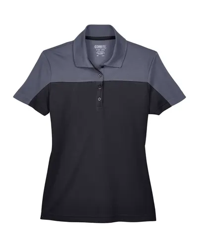 CORE365 CE101W Women's Balance Colorblock Performance Piqué Polo in Black/ Carbon — blank polo, front view