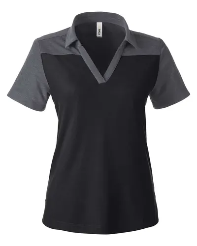 CORE365 CE112CW Women's Fusion ChromaSoft™ Colorblock Polo in Black/ Carbon Heather — blank polo, front view