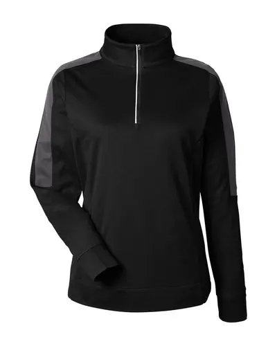 CORE365 CE404W Women's Market Snag Protect Mesh Colorblock Quarter-Zip Pullover in Black/ Carbon — blank garment, front view