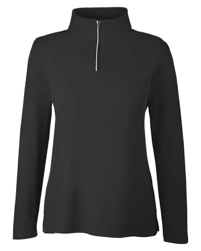 CORE365 CE405W Women's Fusion ChromaSoft™ Pique Quarter-Zip Pullover in Black — blank garment, front view
