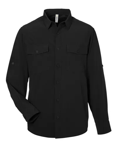 CORE365 CE510L Men's Ultra UVP® Marina Shirt in Black — blank garment, front view