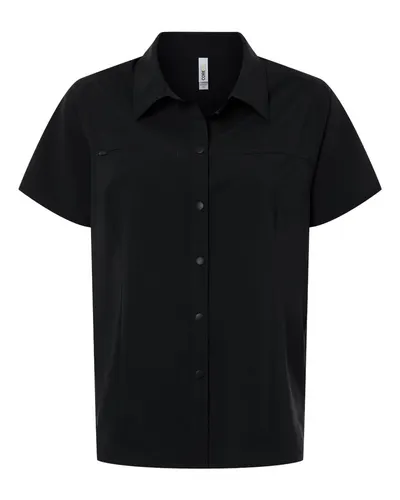 CORE365 CE520W Women's UltraUVP Shoreline Short Sleeve Staff Shirt in Black — blank garment, front view