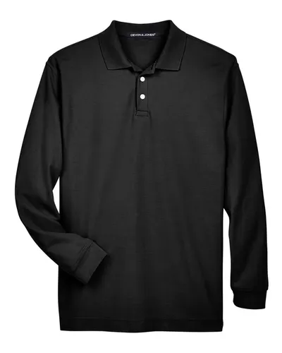 Devon & Jones D110 Men's Pima Piqué Long Sleeve Polo in Black — blank polo, front view