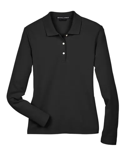 Devon & Jones D110W Women's Pima Piqué Long Sleeve Polo in Black — blank polo, front view