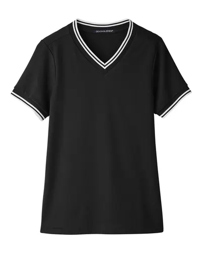 Devon & Jones DG20CW Women's CrownLux Performance® Plaited Tipped V-Neck Shirt in Black/ White — blank garment, front view