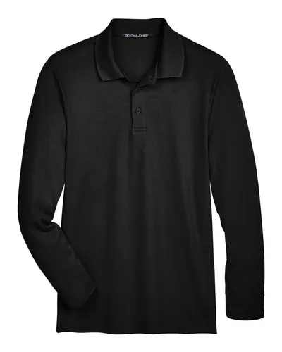 Devon & Jones DG20LT Men's Tall CrownLux Performance® Plaited Long Sleeve Polo in Black — blank polo, front view