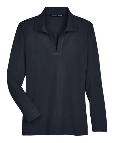 Devon & Jones DG20LW Women's CrownLux Performance® Plaited Long Sleeve Polo in Black — blank polo, front view