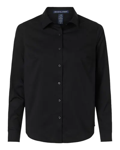 Devon & Jones DG505W Women's CrownLux Performance® Spencer Poplin Dress Shirt in Black — blank woven shirt, front view