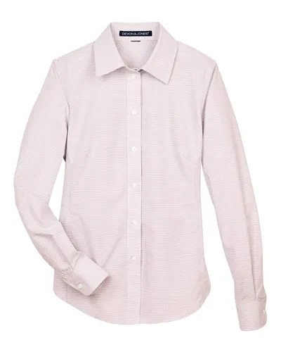 Devon & Jones DG510W Women's Crown Collection® Micro Tattersall Woven Dress Shirt in White/ Burgundy/ Silver — blank woven shirt, front view