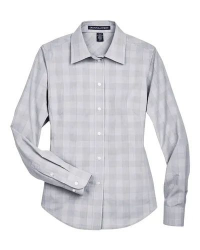 Devon & Jones DG520W Women's Crown Collection® Glen Plaid Woven Dress Shirt in White/ Graphite/ Light Grey — blank woven shirt, front view