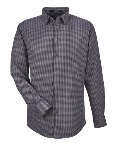 Devon & Jones DG535 Men's CrownLux Performance® Tonal Mini Check Woven Dress Shirt in Carbon — blank woven shirt, front view