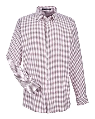 Devon & Jones DG540 Men's CrownLux Performance® Micro Windowpane Woven Dress Shirt in Burgundy/ White — blank woven shirt, front view
