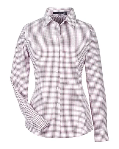 Devon & Jones DG540W Women's CrownLux Performance® Micro Windowpane Woven Dress Shirt in Burgundy/ White — blank woven shirt, front view