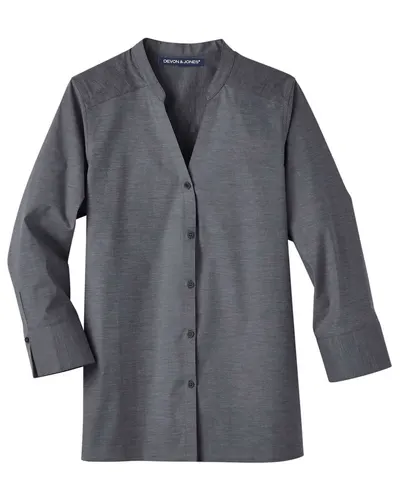 Devon & Jones DG562W Women's Crown Collection® Stretch Pinpoint Chambra Three-Quarter Sleeve Shirt in Black — blank garment, front view