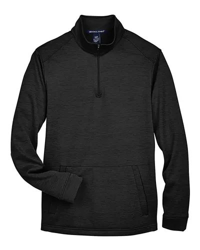 Devon & Jones DG798 Men's Newbury Mélange Fleece Quarter-Zip Pullover in Black Heather — blank fleece pullover, front view