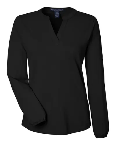 Devon & Jones DP122W Women's Raleigh Half-Placket Knit Top in Black — blank garment, front view