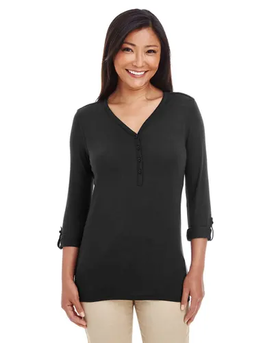 Devon & Jones DP186W Women's Perfect Fit™ Y-Placket Convertible Sleeve Knit Top in Black — blank garment, front view