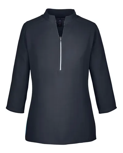 Devon & Jones DP611W Women's Perfect Fit™ Three-Quarter Sleeve Crepe Tunic in Black — blank garment, front view