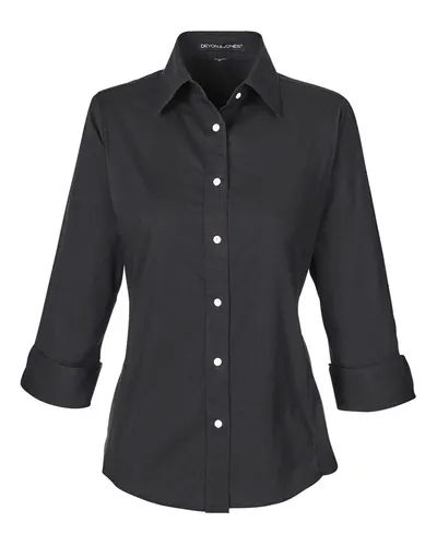 Devon & Jones DP625W Women's Perfect Fit™ Three-Quarter Sleeve Stretch Poplin Dress Shirt in Black — blank woven shirt, front view