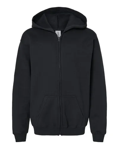Gildan 18600B Youth Heavy Blend™ Full-Zip Hooded Sweatshirt in Black — blank hooded sweatshirt, front view