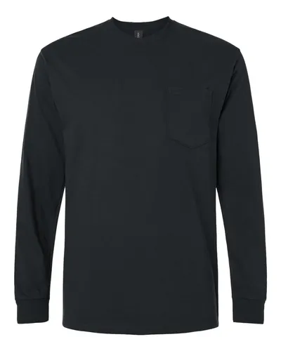 Gildan 2410 Unisex Ultra Cotton® Long Sleeve Pocket T-Shirt in Black — blank long sleeve tee, front view