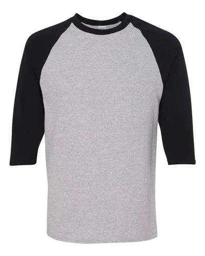 Gildan 5700 Unisex Heavy Cotton™ Raglan Three-Quarter Sleeve T-Shirt in Sport Grey/ Black — blank t-shirt, front view