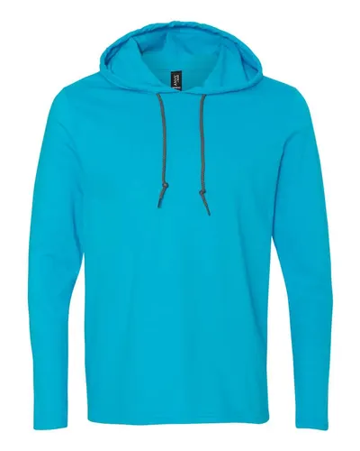 Gildan 987 Unisex Softstyle® Lightweight Hooded Long Sleeve T-Shirt in Caribbean Blue/ Dark Grey — blank hooded sweatshirt, front view