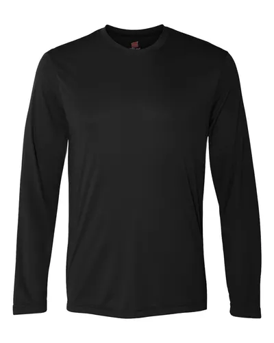 Hanes 482L Unisex Cool DRI® Long Sleeve Performance T-Shirt in Black — blank long sleeve tee, front view