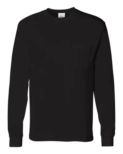 Hanes 5596 Men's Authentic Long Sleeve Pocket T-Shirt in Black — blank long sleeve tee, front view