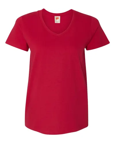 Hanes 5780 Women's Essential-T V-Neck T-Shirt in Deep Red — blank t-shirt, front view
