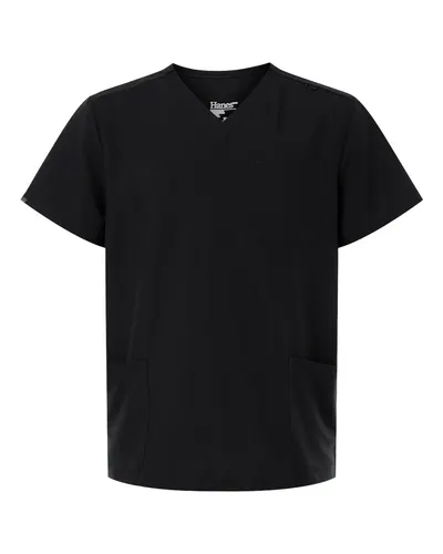 Hanes HMB002 Men's V-Neck 3 Pocket Scrub Top in Black — blank garment, front view