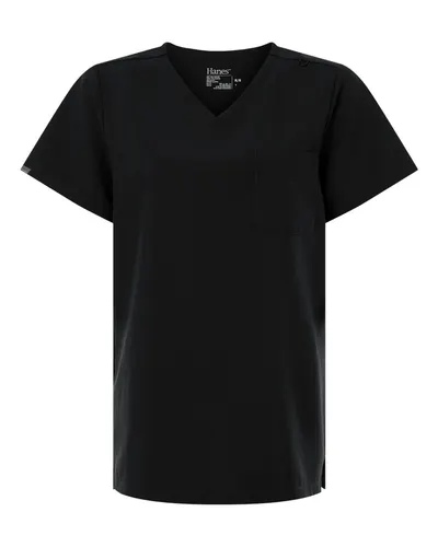 Hanes HSB000 Women's V-Neck 1 Pocket Scrub Top in Black — blank garment, front view