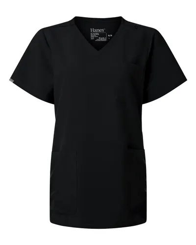 Hanes HSB002 Women's V-Neck 3 Pocket Scrub Top in Black — blank garment, front view